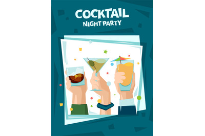 Cocktail party poster. Alcoholic cocktail drinks glass in hands summer