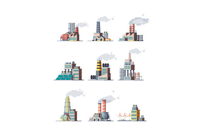 Factory. Industrial buildings smoke modern plants vector flat illustra