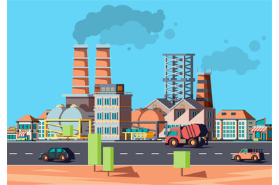 Industry city. Factory buildings in urban landscape flat vector facade