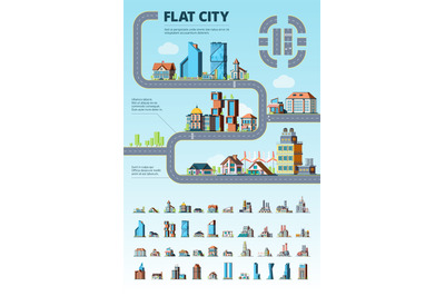 Flat city infographic. Cityscape municipal buildings urban road archit