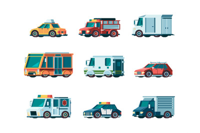 Flat cars. City traffic municipal vehicle fire ambulance police post o