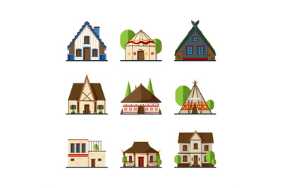 Traditional buildings. Houses and constructions of different countries