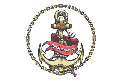 Tattoo of Anchor and Ribbon with Lettering Anchors Aweigh