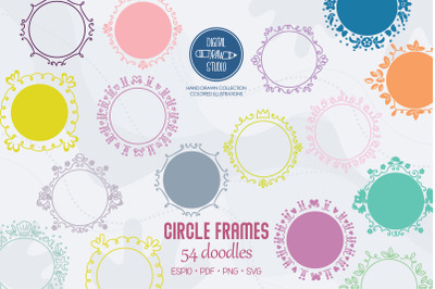 Colored Circle Doodle Frames | Hand Drawn Round Border | Wreath
