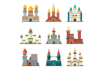 Medieval castles. Palace tower fairytale constructions cartoon vector