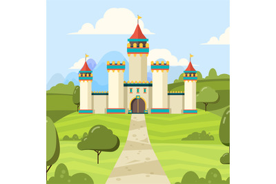 Fairy tale background with castle. Majestic building palace with tower