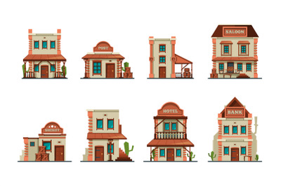 Western buildings. Wild west architectural constructions saloon vector