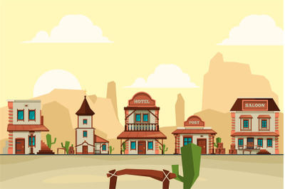 Wild west town. Old western architectural elements city background wit