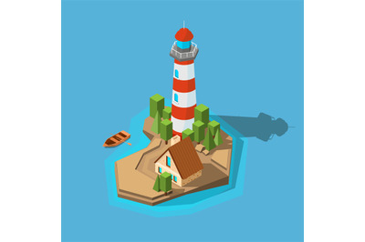 Lighthouse isometric. Sea ocean boat beach small island with navigatio