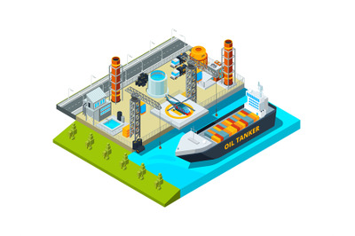 Seaport isometric. Cargo ship oil tanks seaside industrial buildings v