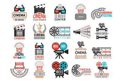 Cinema badges. Movie production symbols camera director chair film tap