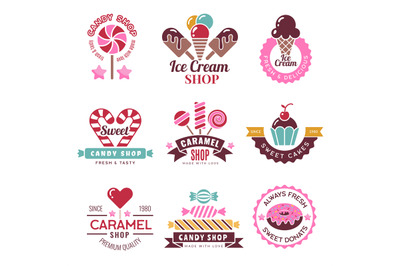 Sweets logo. Badges for candy shop confectionery company lollipop cake