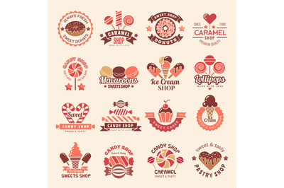 Candy shop badges. Sweets cookie cupcakes lollipop symbol for confecti