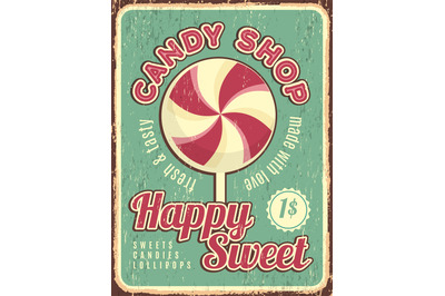 Candy shop poster. Confectionary retro placard with sweets dulce vecto