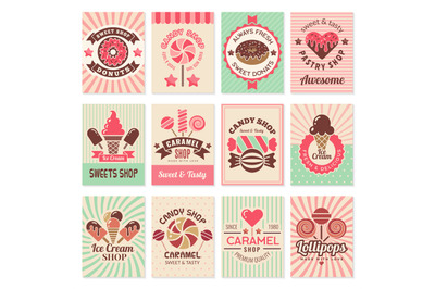 Candy shop cards. Sweet food desserts confectionary symbols for restau