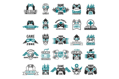 Video game labels. Gaming console cybersport logo joystick controller