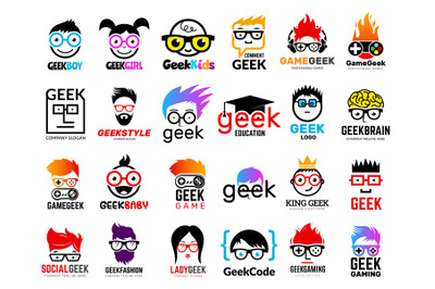 Geek logo. Business badges symbols of gamers nerd smart characters eas