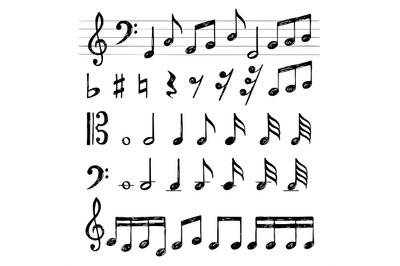 Music notes collection. Treble clef sound black symbols piano keys sta