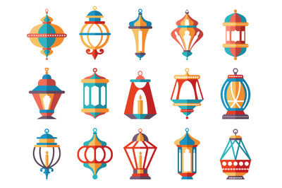 Islamic lanterns. Colored ramadan lamp muslim vector symbols collectio