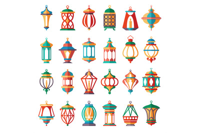 Arabic lamps. Old light muslim islamic lanterns vector cartoon colored