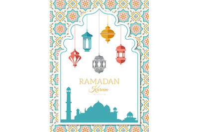 Arabic lamp background. Ramadan decoration banner with muslim islam sy