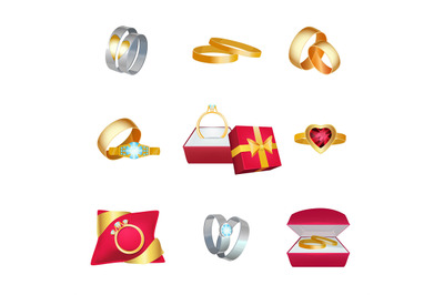 Wedding rings. Marriage symbols golden jewellery in box with ribbons v