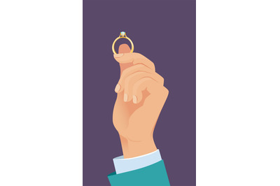 Wedding ring in hand. Groom holding golden ring in hand vector cartoon