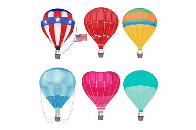 Air balloons. Airing transport in sky vector hot air balloons