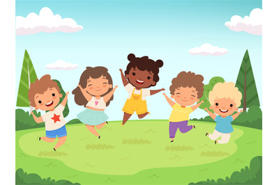 Happy kids background. Funny childrens playing and jumping laughing te