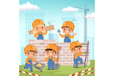 Construction background. Little kids making some work at construction