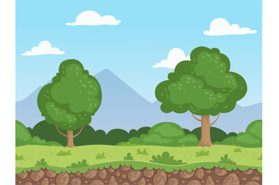 Seamless cartoon landscape. Parallax nature panorama ground with grass