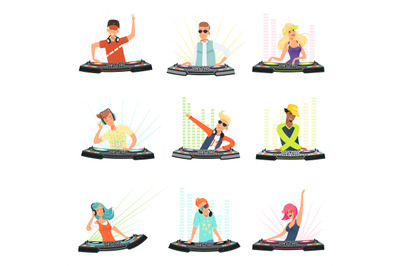 Dj characters. Male and female party musicians in headphones for event