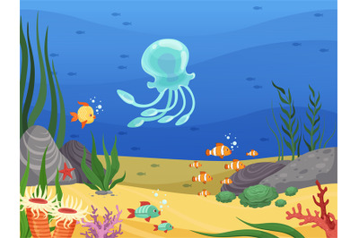 Underwater. Sea life background with fishes and water plants algae vec