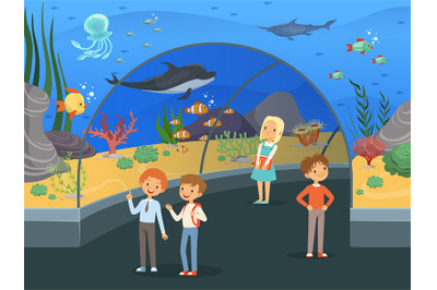 Kids in aquarium. Family walk thru underwater museum with fishes and a