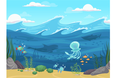 Underwater seamless. 2d game water landscape with fishes and algae wat