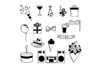 Party icons. Events birthday celebrating symbols sweets hat salute cak