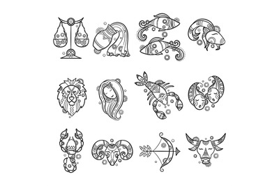 Zodiac characters. Astrology horoscope signs tattoos lion aries fish c