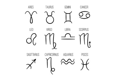 Zodiac signs. Astrological hand drawn horoscope icons vector collectio