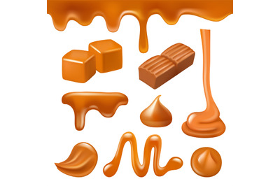 Caramel liquid. Drops and splashes from candy and caramel sweet creamy