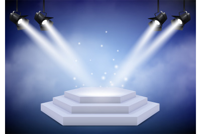 Award podium. Empty trophy event stage with stairs projector lighting