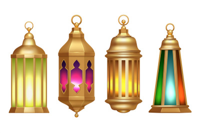 Ramadan lanterns. Muslim islamic vintage lamps 3d realistic vector ill