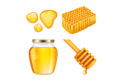 Honey. Sticky gold honey splashes and jar melting vector realistic col