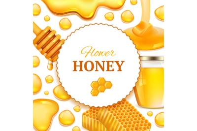 Honey background. Realistic frame with honeycomb and sticky golden hon