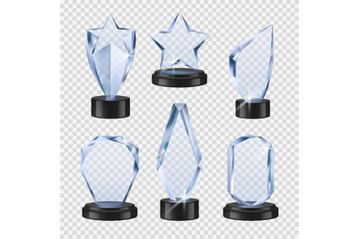 Trophies transparent. Crystal cups awards event symbols vector realist