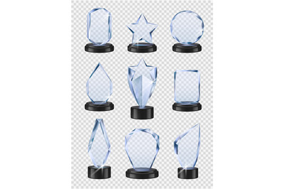 Glass trophies. Sport winners cup prizes award transparent from glass