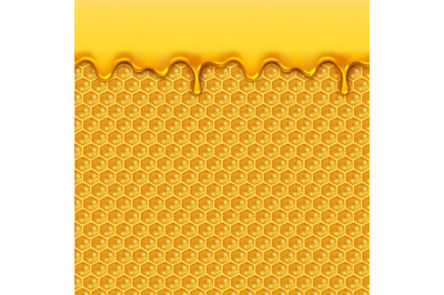 Liquid honey pattern. Bee honeycombs and honey drops syrup natural yel