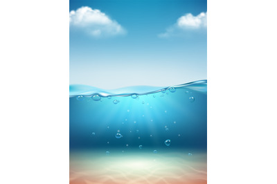 Ocean landscape realistic. Underwater flowing transparent water bubble