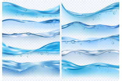 Wave realistic splashes. Liquid water surface with bubbles and splashe