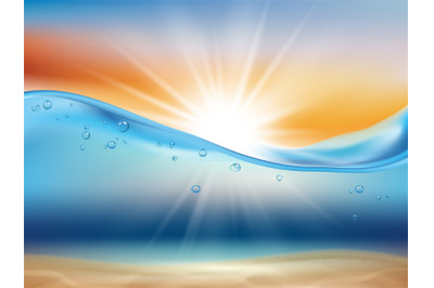 Ocean wave background with sun. Water landscape with sunrise or sunset