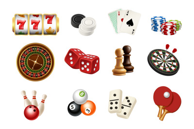 Casino and gambling sport games icons. Vector realistic chess, skittle